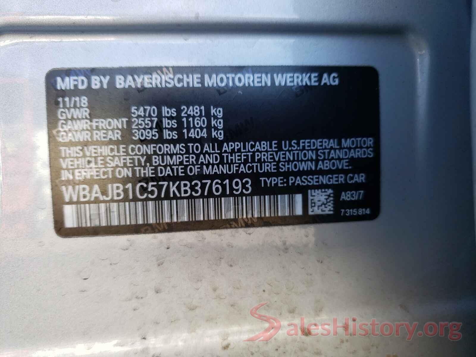 WBAJB1C57KB376193 2019 BMW 5 SERIES