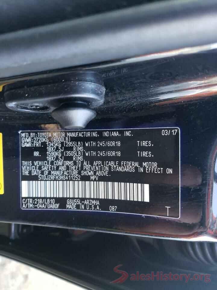 5TDJZRFH3HS411252 2017 TOYOTA HIGHLANDER