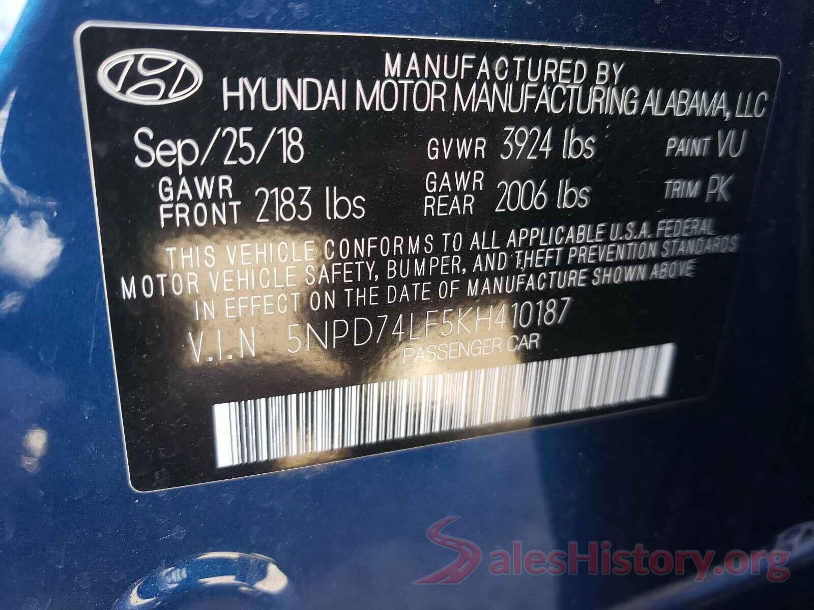 5NPD74LF5KH410187 2019 HYUNDAI ELANTRA