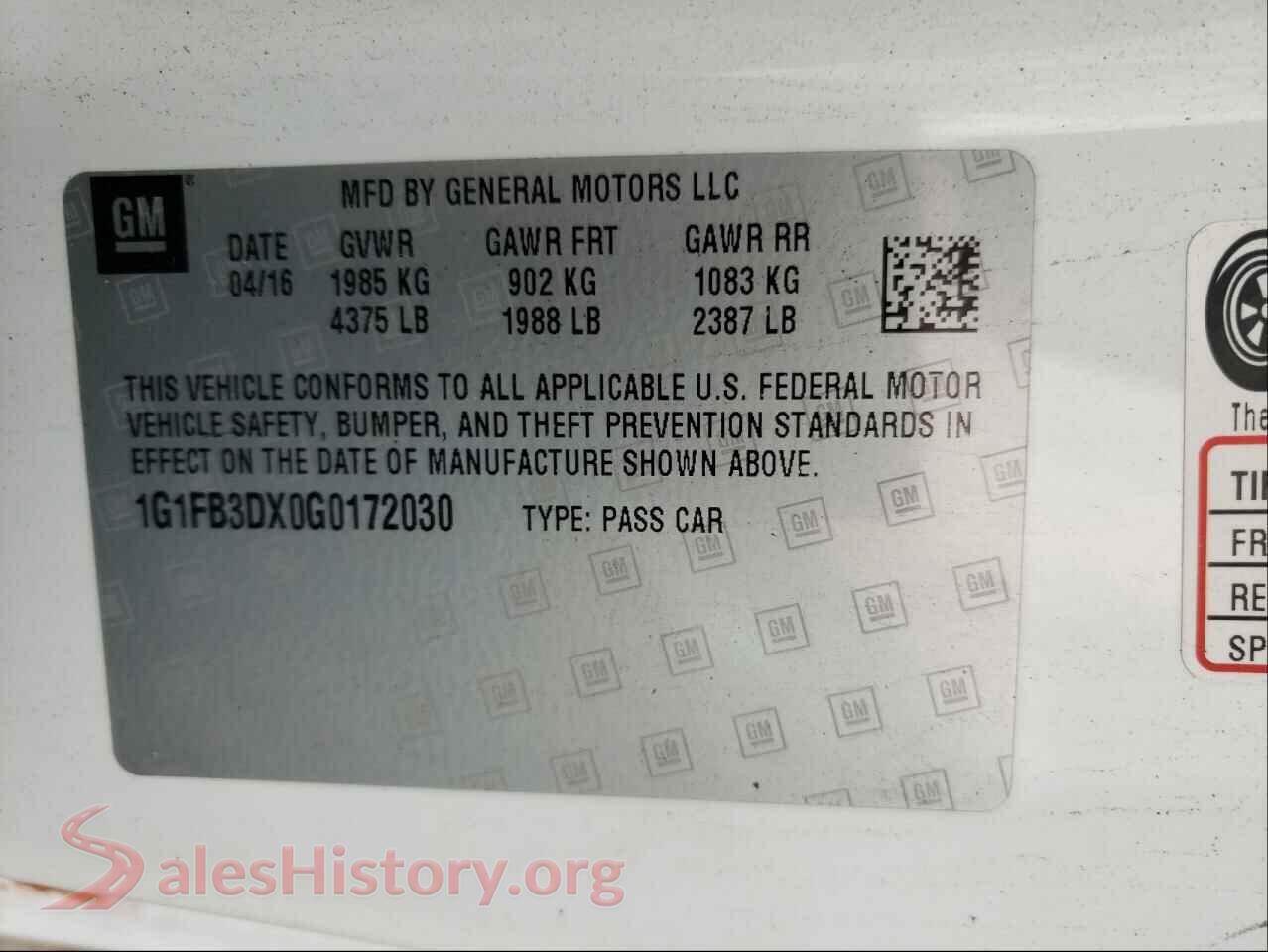 2016 CHEVROLET CAMARO VIN 1G1FB3DX0G0172030, odometer mileage