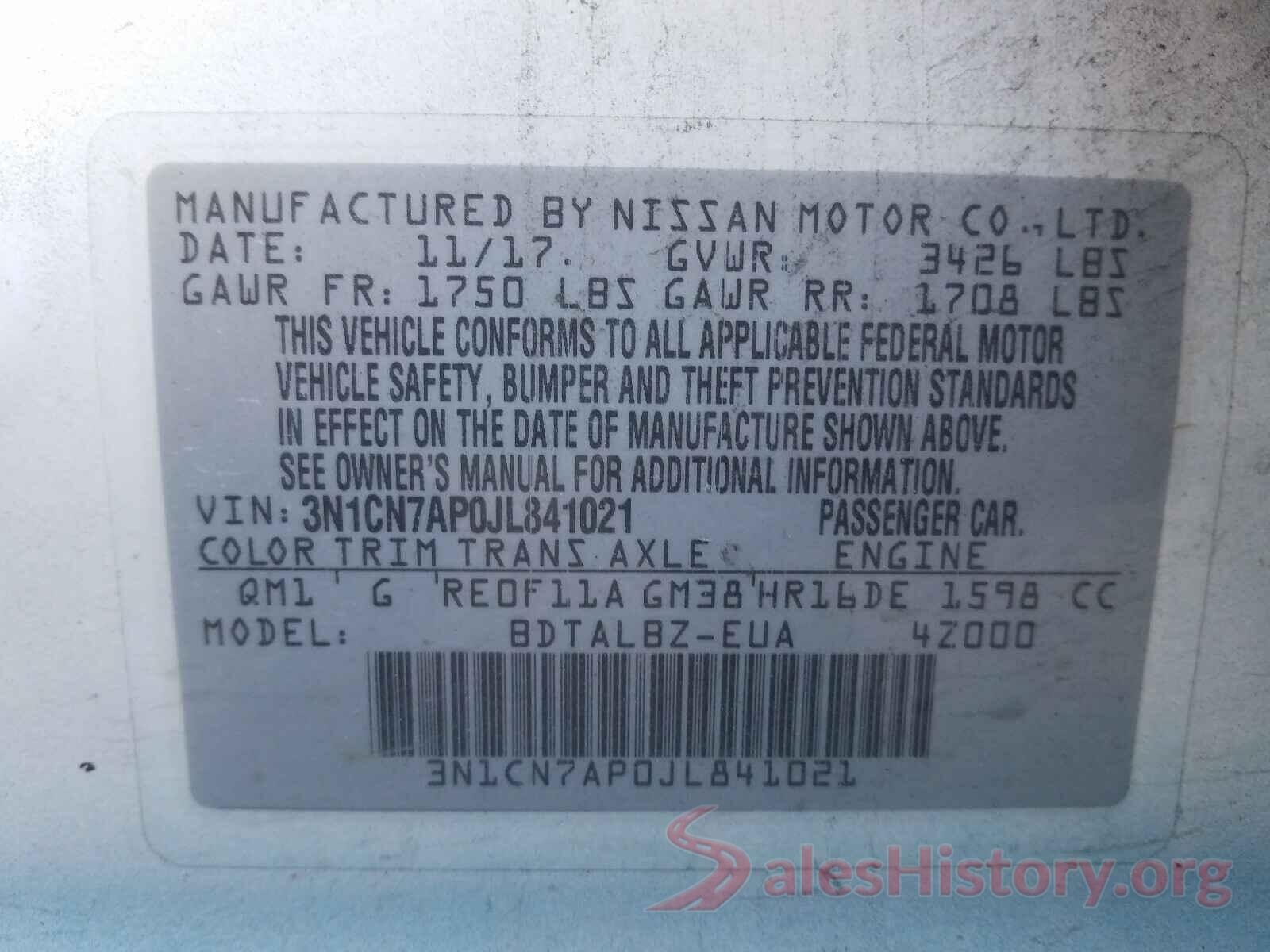 3N1CN7AP0JL841021 2018 NISSAN VERSA