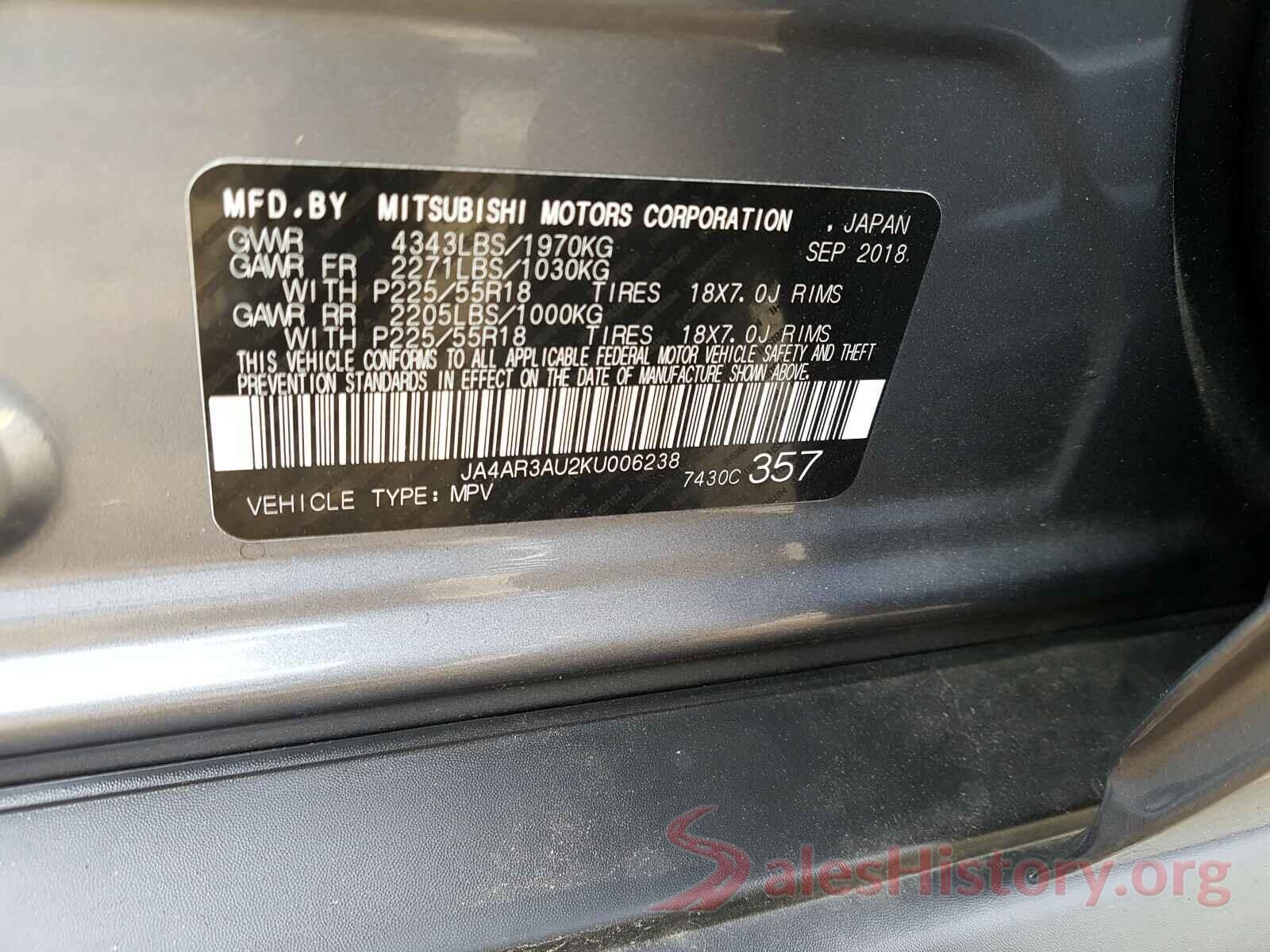 JA4AR3AU2KU006238 2019 MITSUBISHI OUTLANDER