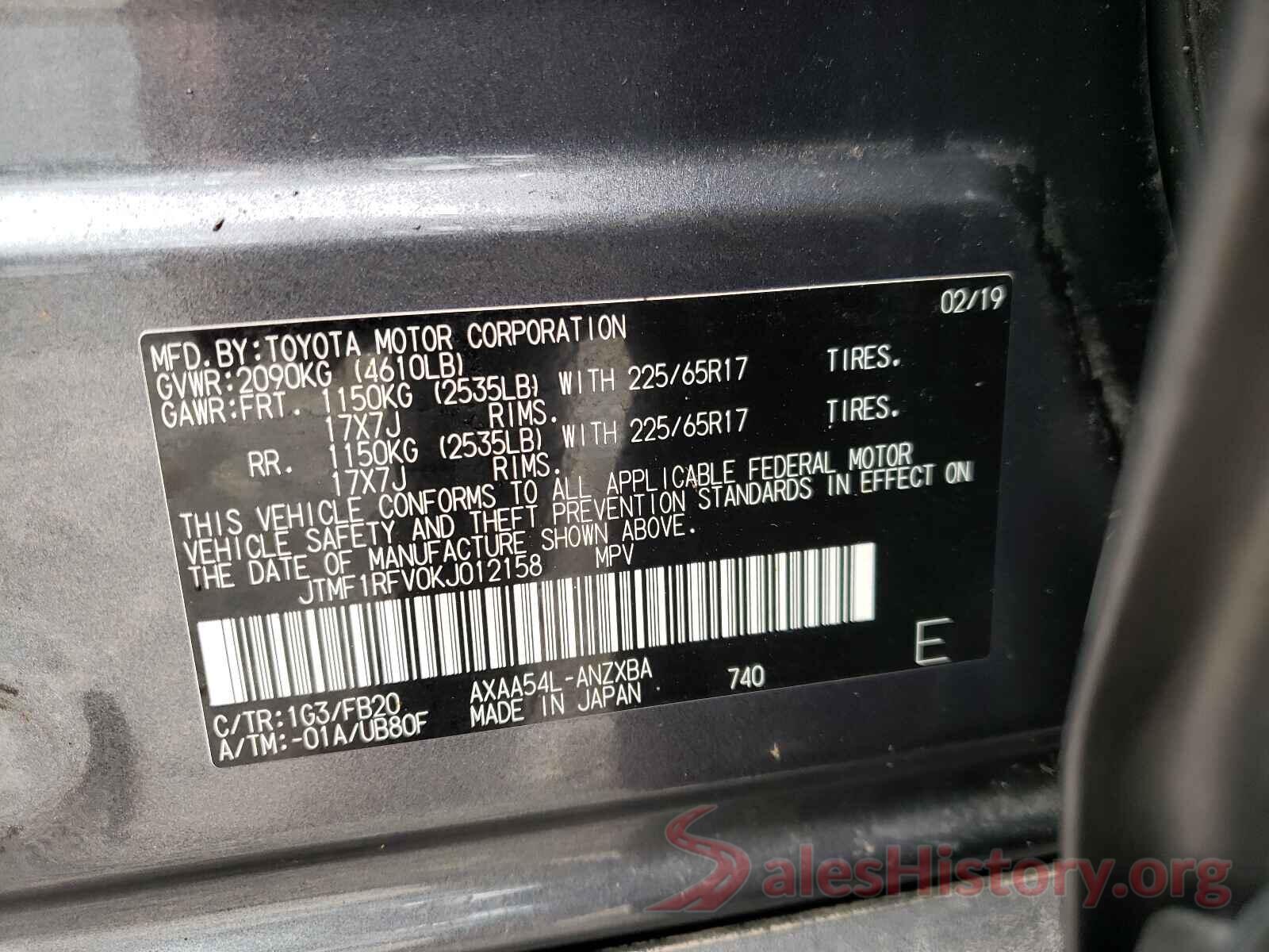 JTMF1RFV0KJ012158 2019 TOYOTA RAV4