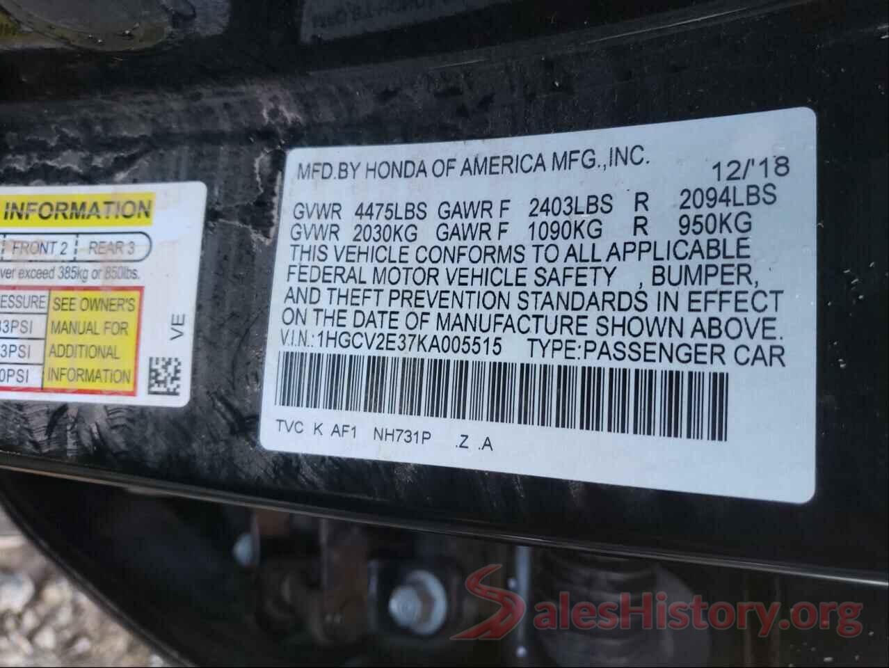 1HGCV2E37KA005515 2019 HONDA ACCORD