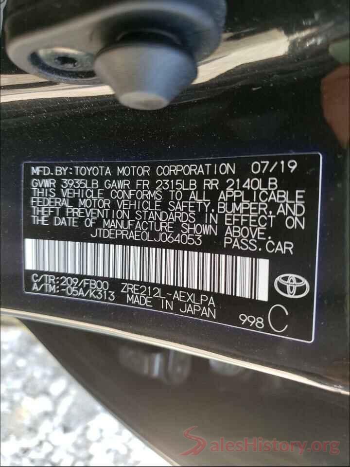 JTDEPRAE0LJ064053 2020 TOYOTA COROLLA