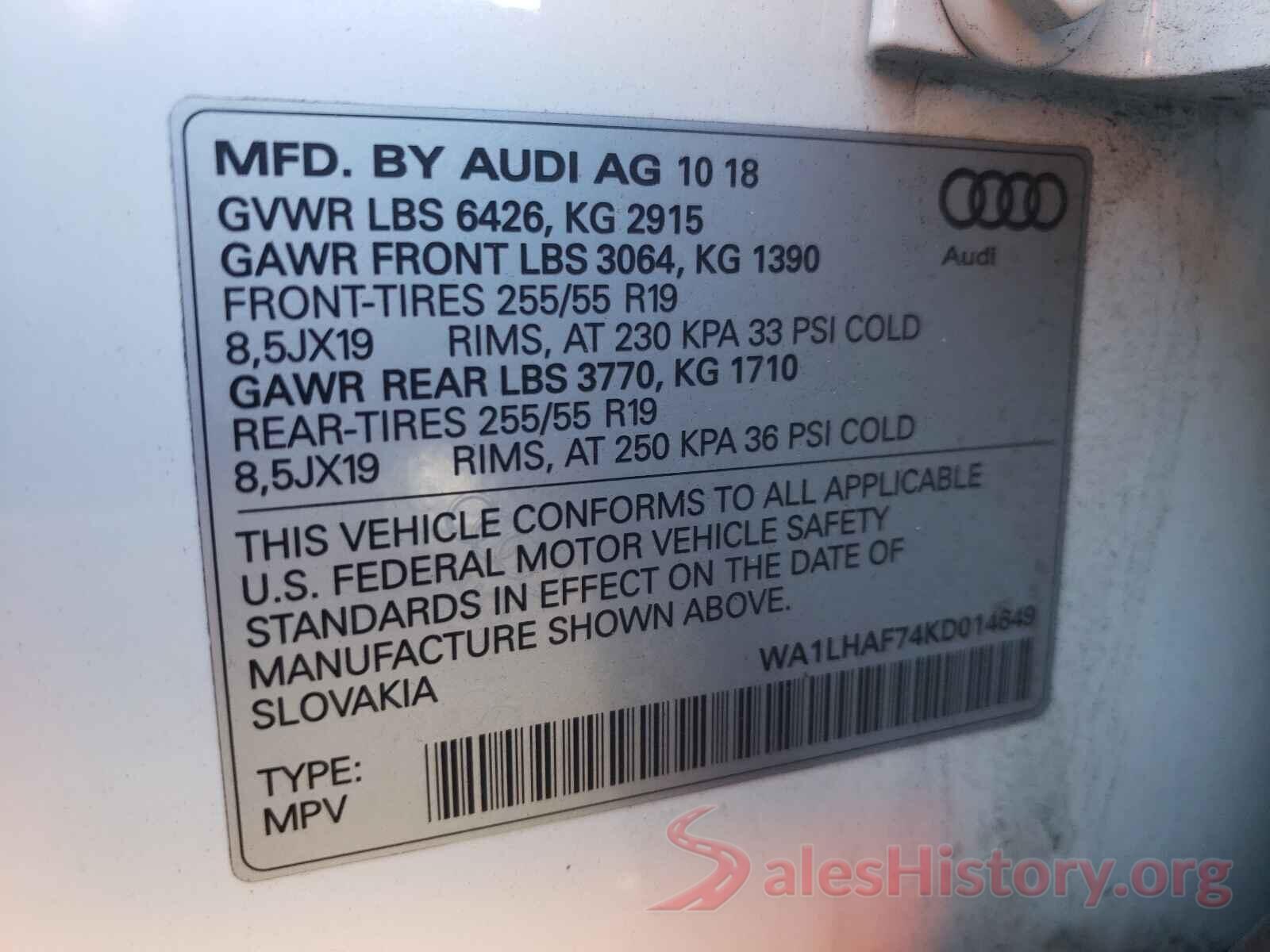 WA1LHAF74KD014649 2019 AUDI Q7