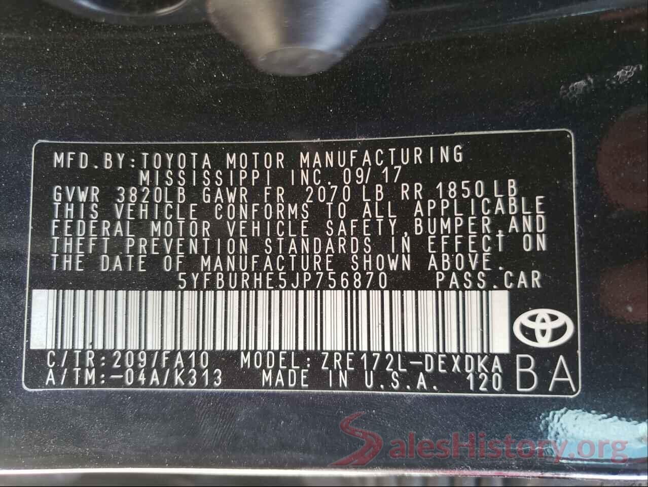 5YFBURHE5JP756870 2018 TOYOTA COROLLA