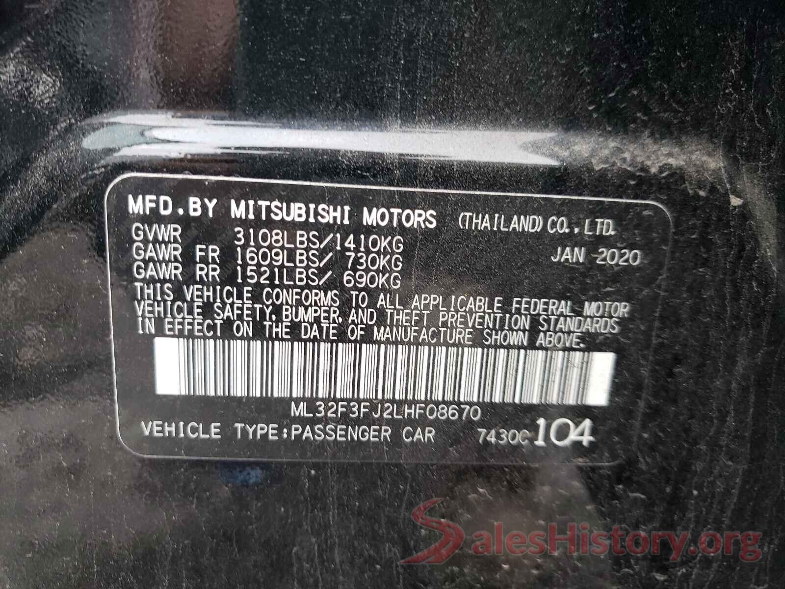 ML32F3FJ2LHF08670 2020 MITSUBISHI MIRAGE