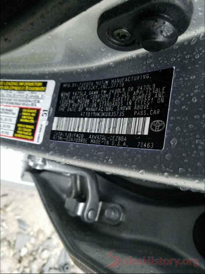 4T1B11HK0KU835735 2019 TOYOTA CAMRY