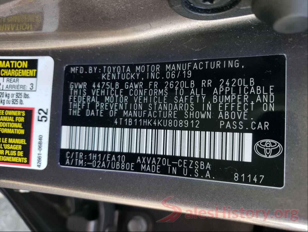 4T1B11HK4KU808912 2019 TOYOTA CAMRY