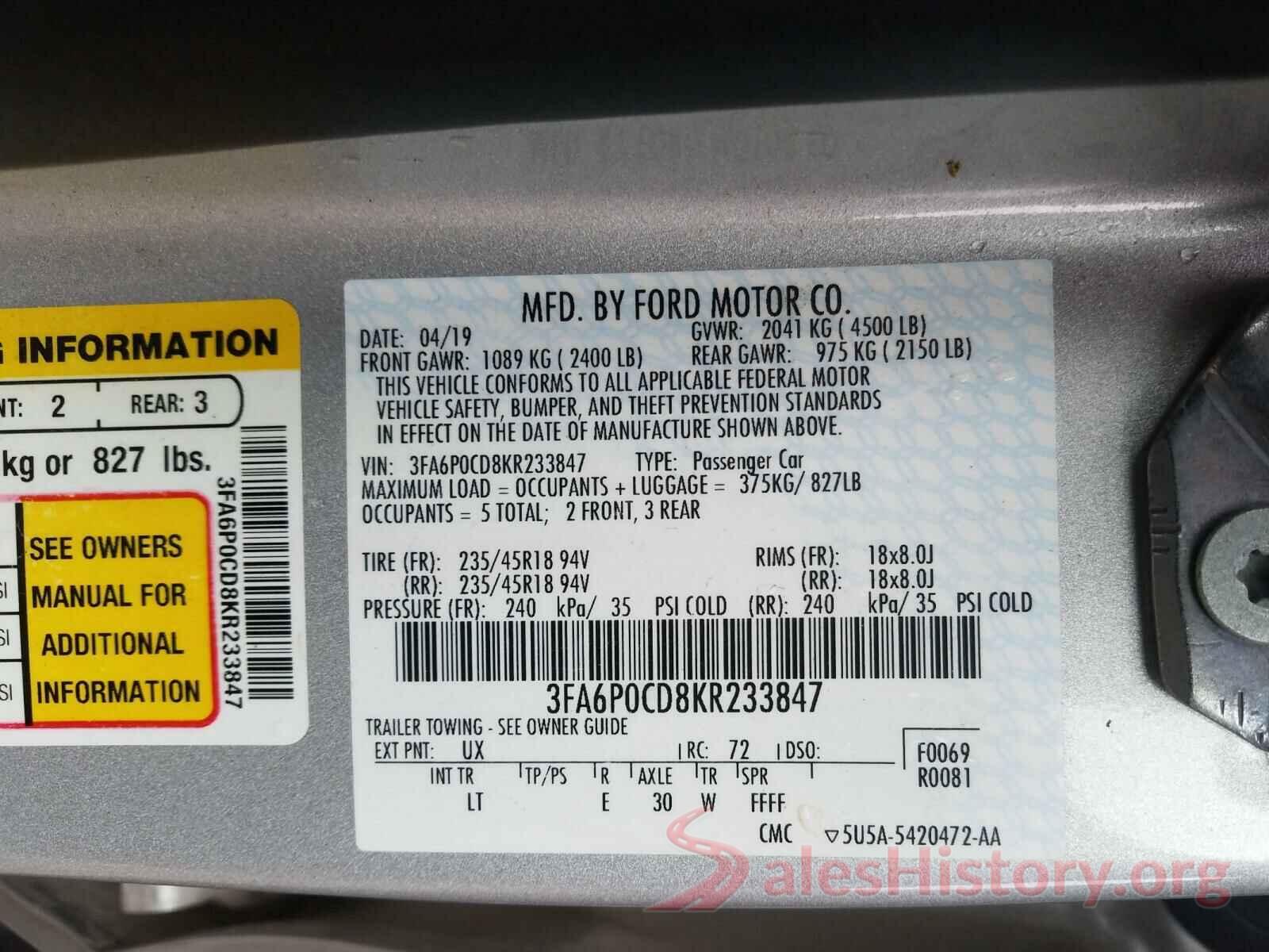 3FA6P0CD8KR233847 2019 FORD FUSION