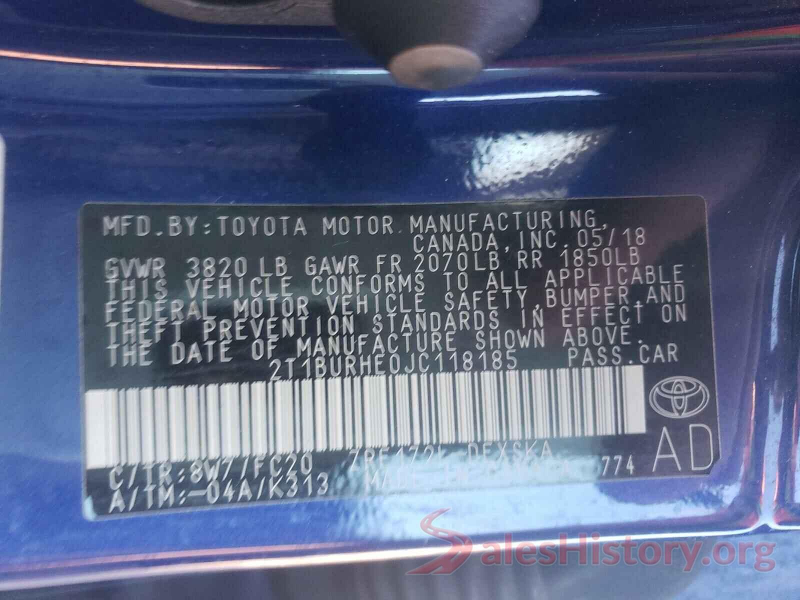 2T1BURHE0JC118185 2018 TOYOTA COROLLA