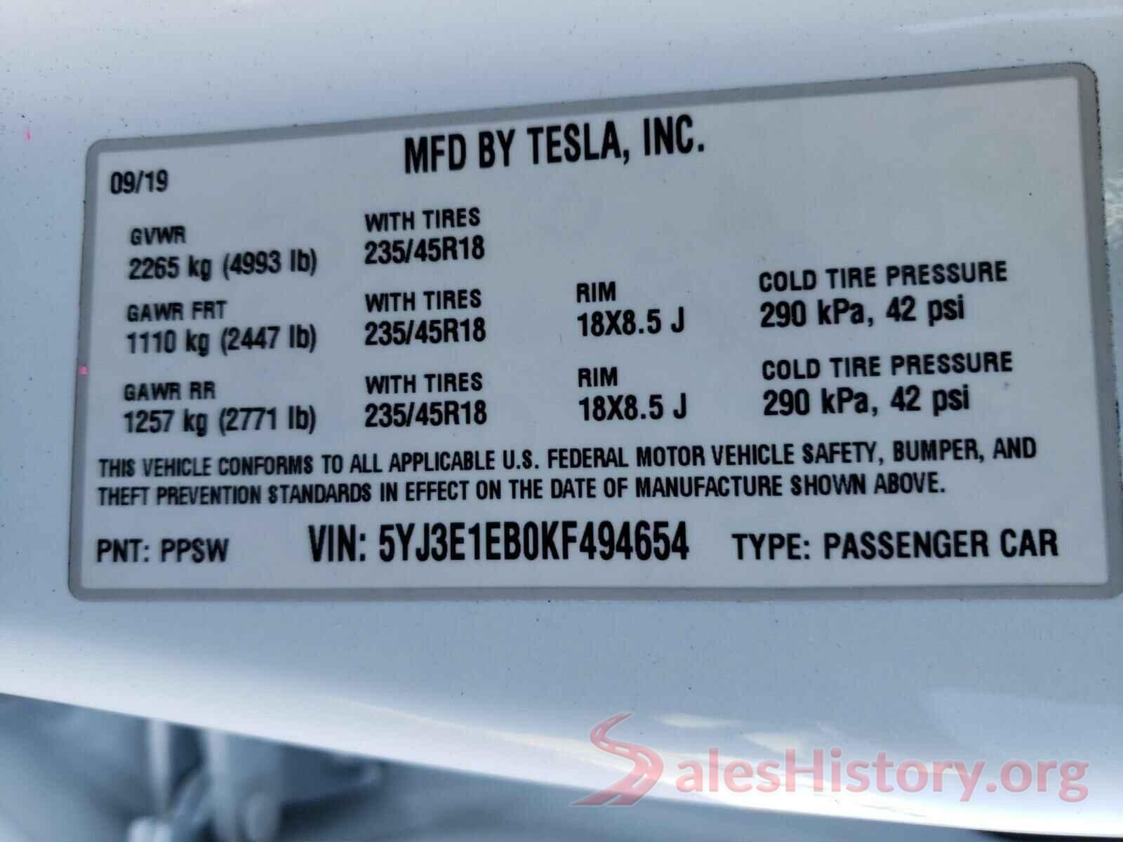 5YJ3E1EB0KF494654 2019 TESLA MODEL 3