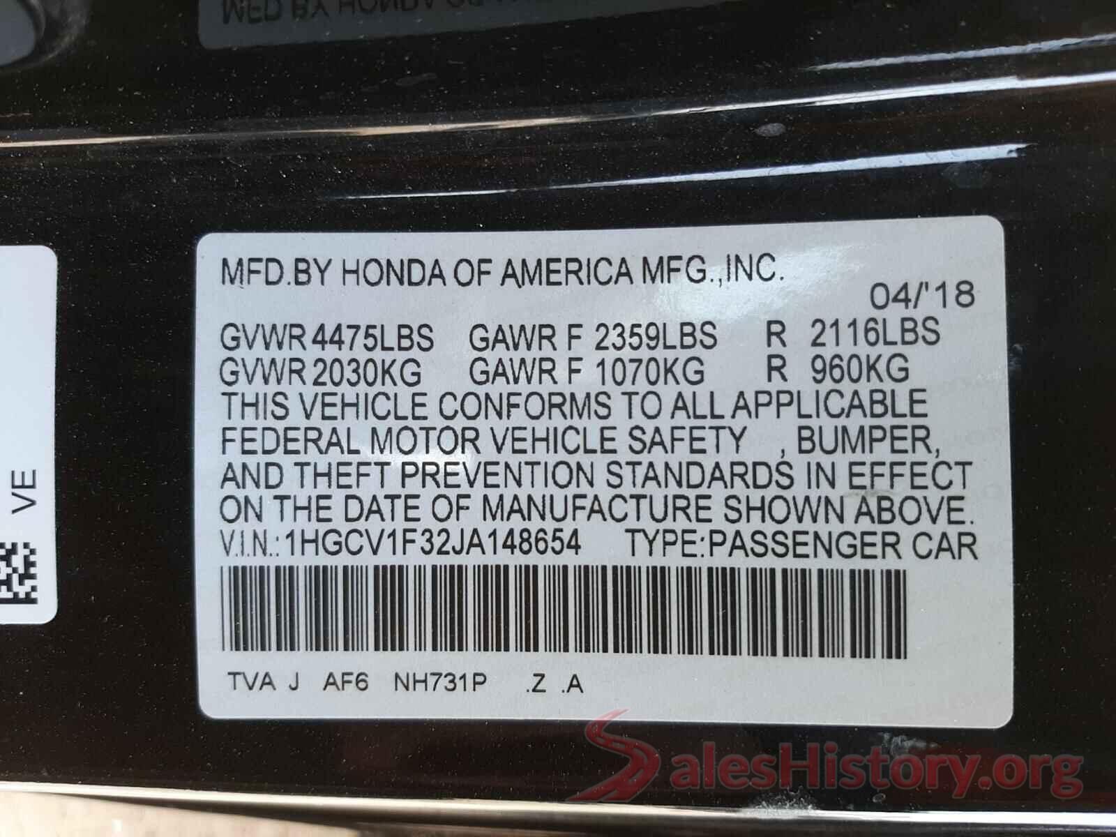 1HGCV1F32JA148654 2018 HONDA ACCORD