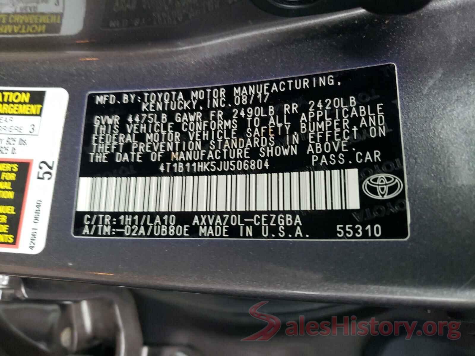 4T1B11HK5JU506804 2018 TOYOTA CAMRY