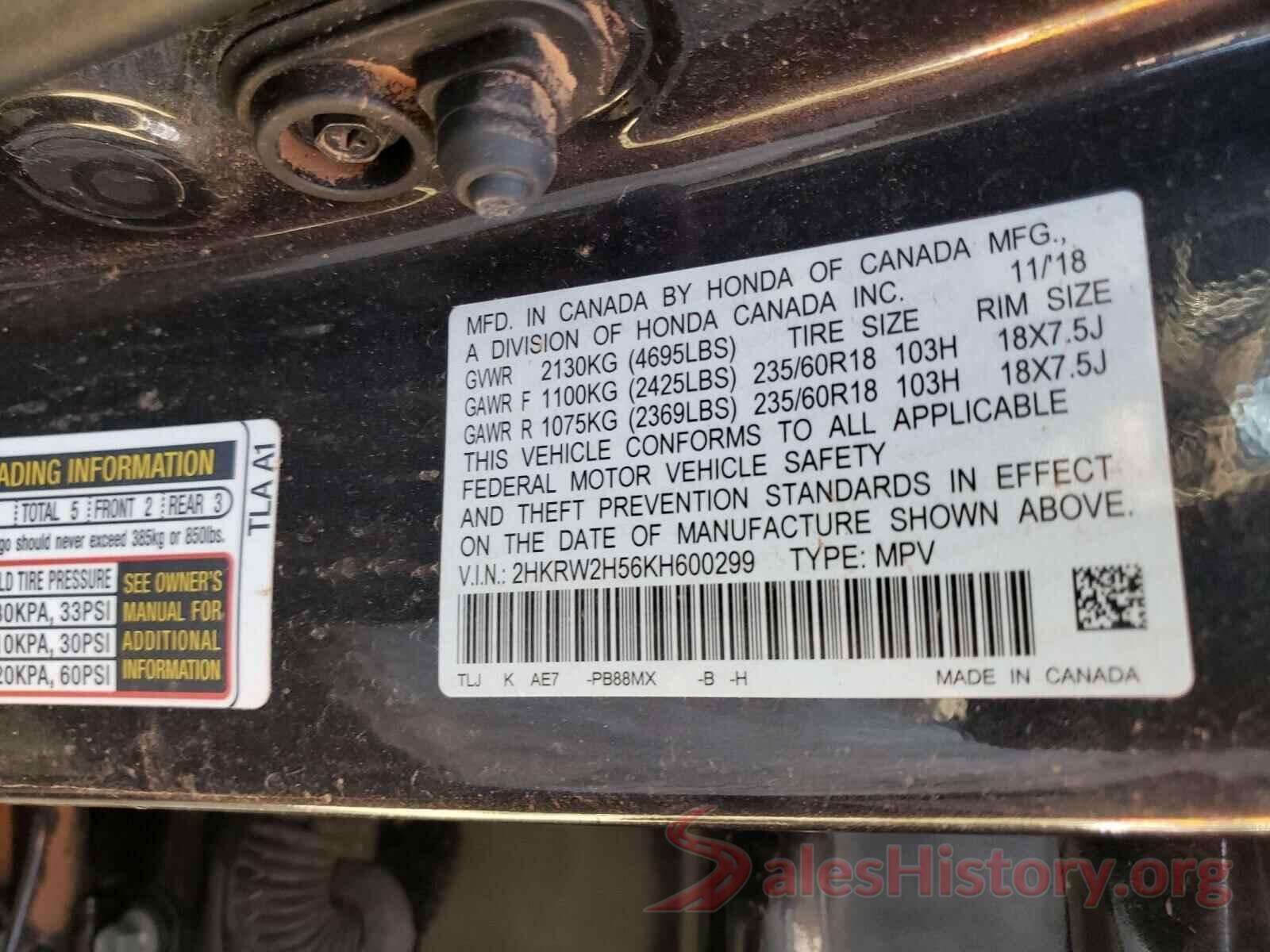 2HKRW2H56KH600299 2019 HONDA CRV