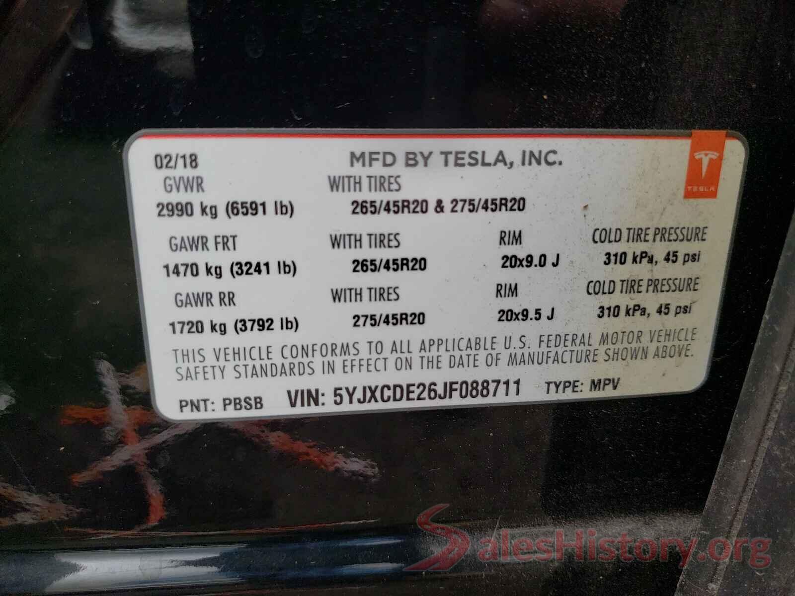 5YJXCDE26JF088711 2018 TESLA MODEL X