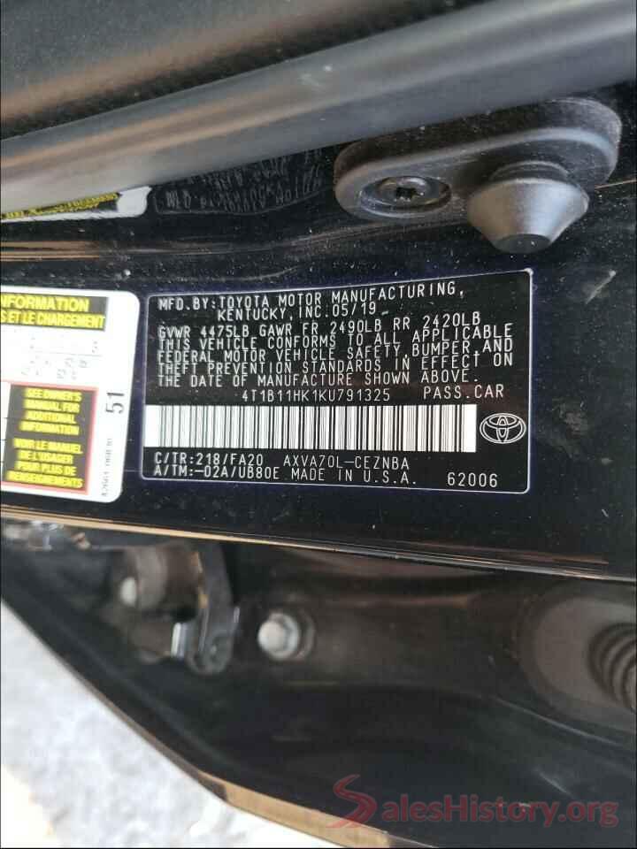 4T1B11HK1KU791325 2019 TOYOTA CAMRY