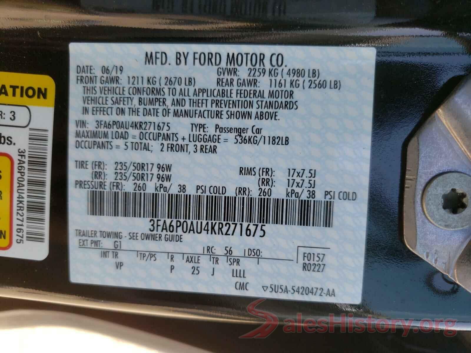 3FA6P0AU4KR271675 2019 FORD FUSION