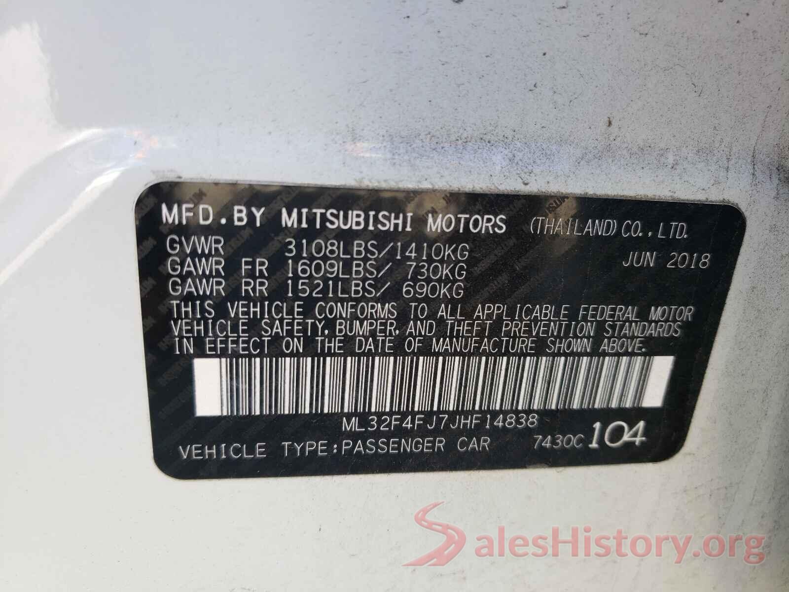 ML32F4FJ7JHF14838 2018 MITSUBISHI MIRAGE