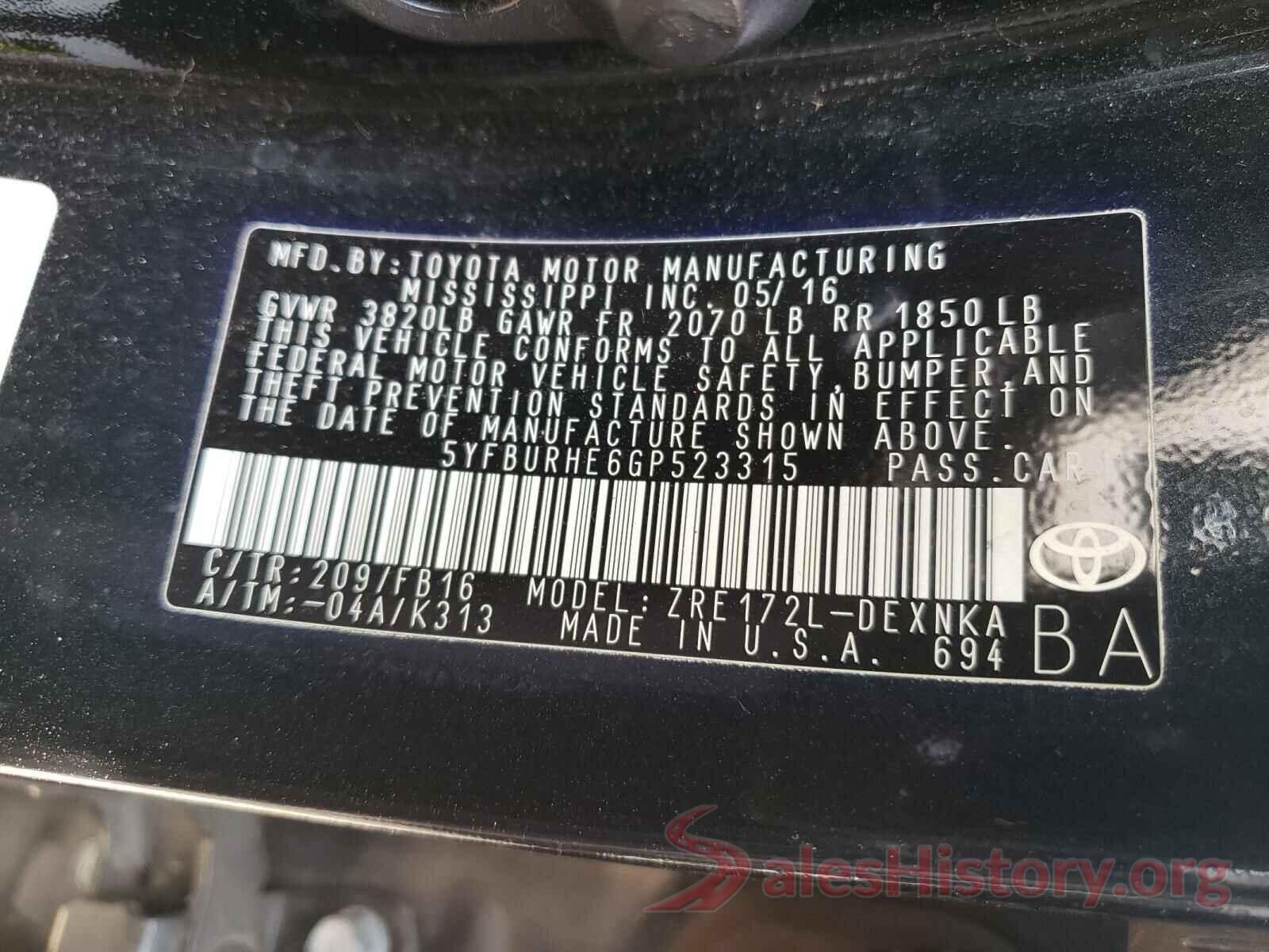 5YFBURHE6GP523315 2016 TOYOTA COROLLA