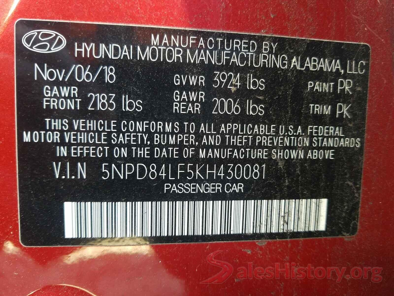 5NPD84LF5KH430081 2019 HYUNDAI ELANTRA