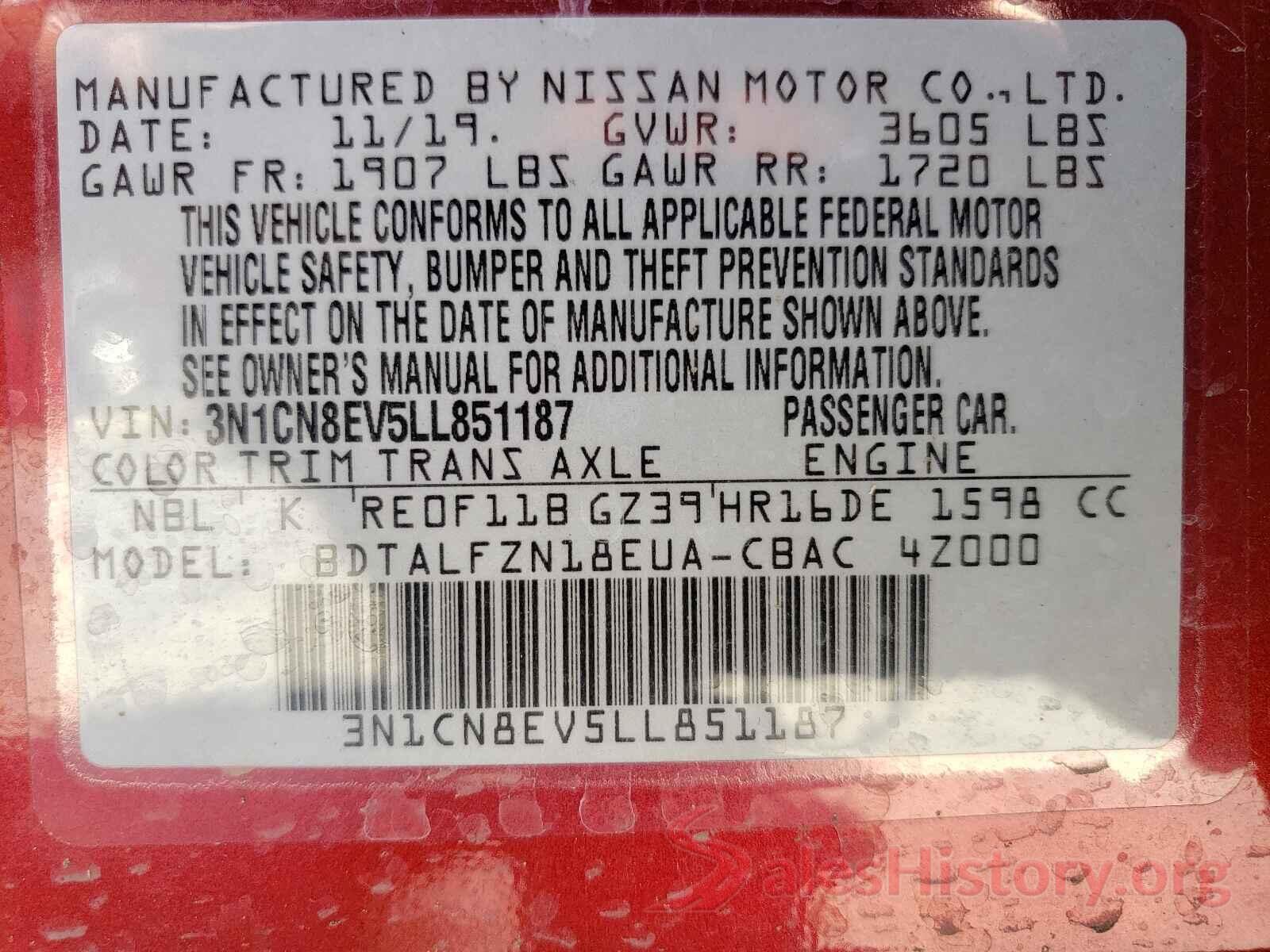 3N1CN8EV5LL851187 2020 NISSAN VERSA