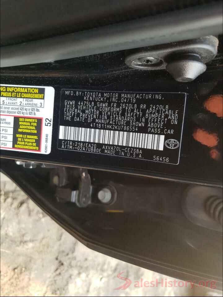 4T1B11HK2KU786554 2019 TOYOTA CAMRY