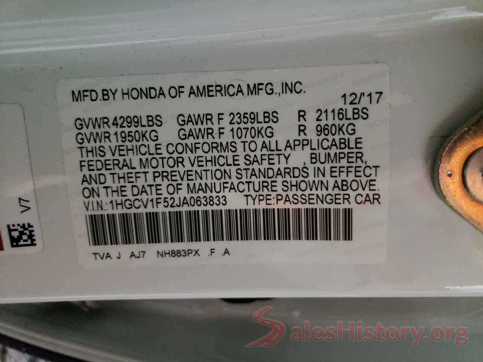 1HGCV1F52JA063833 2018 HONDA ACCORD