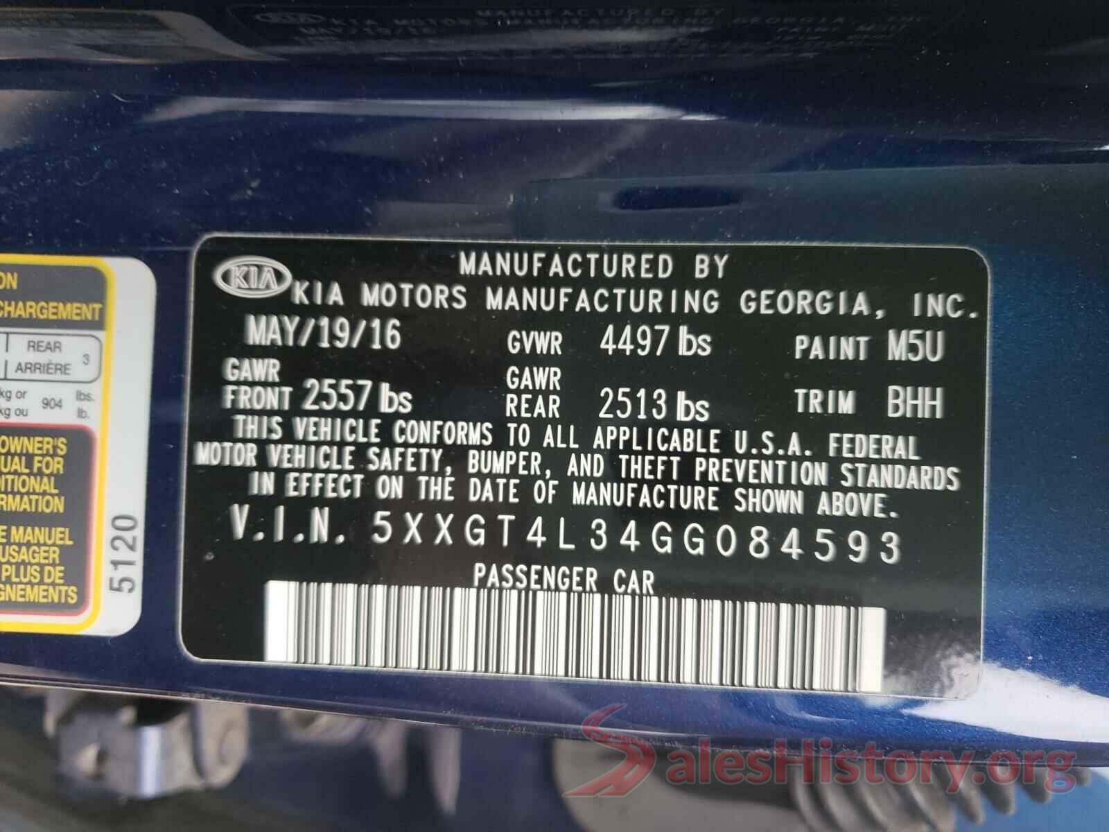 5XXGT4L34GG084593 2016 KIA OPTIMA