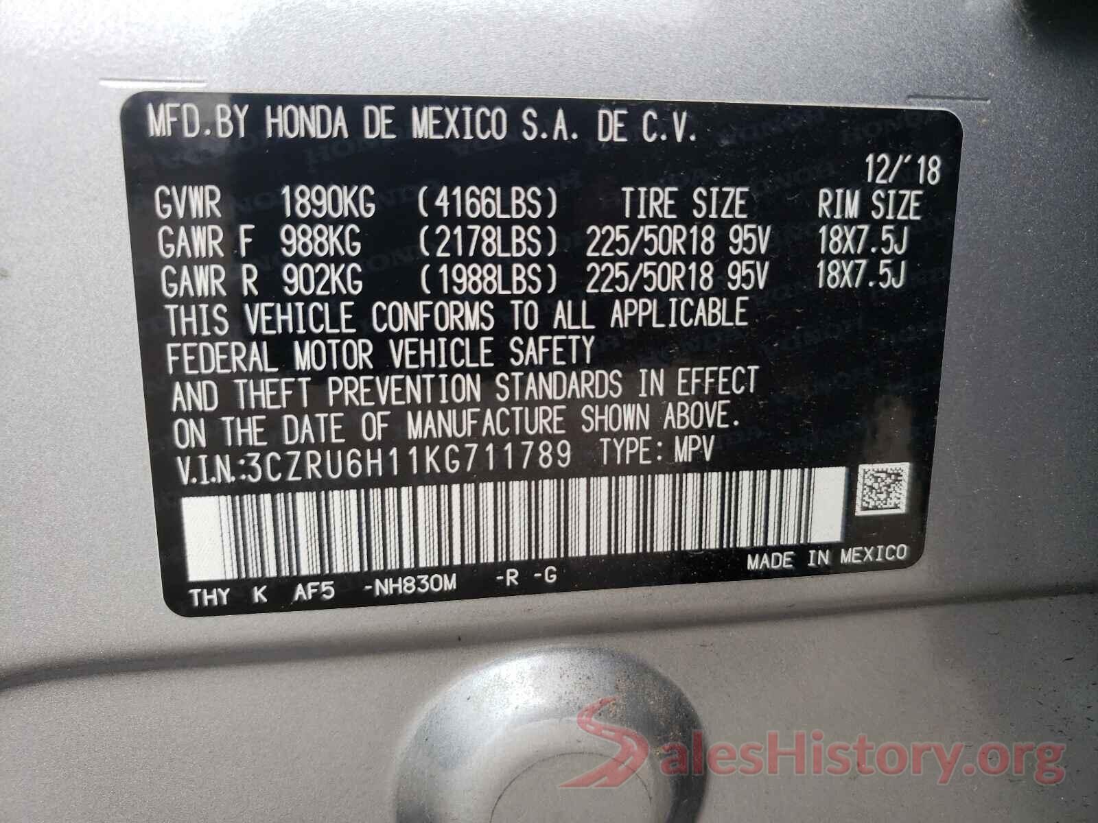 3CZRU6H11KG711789 2019 HONDA HR-V