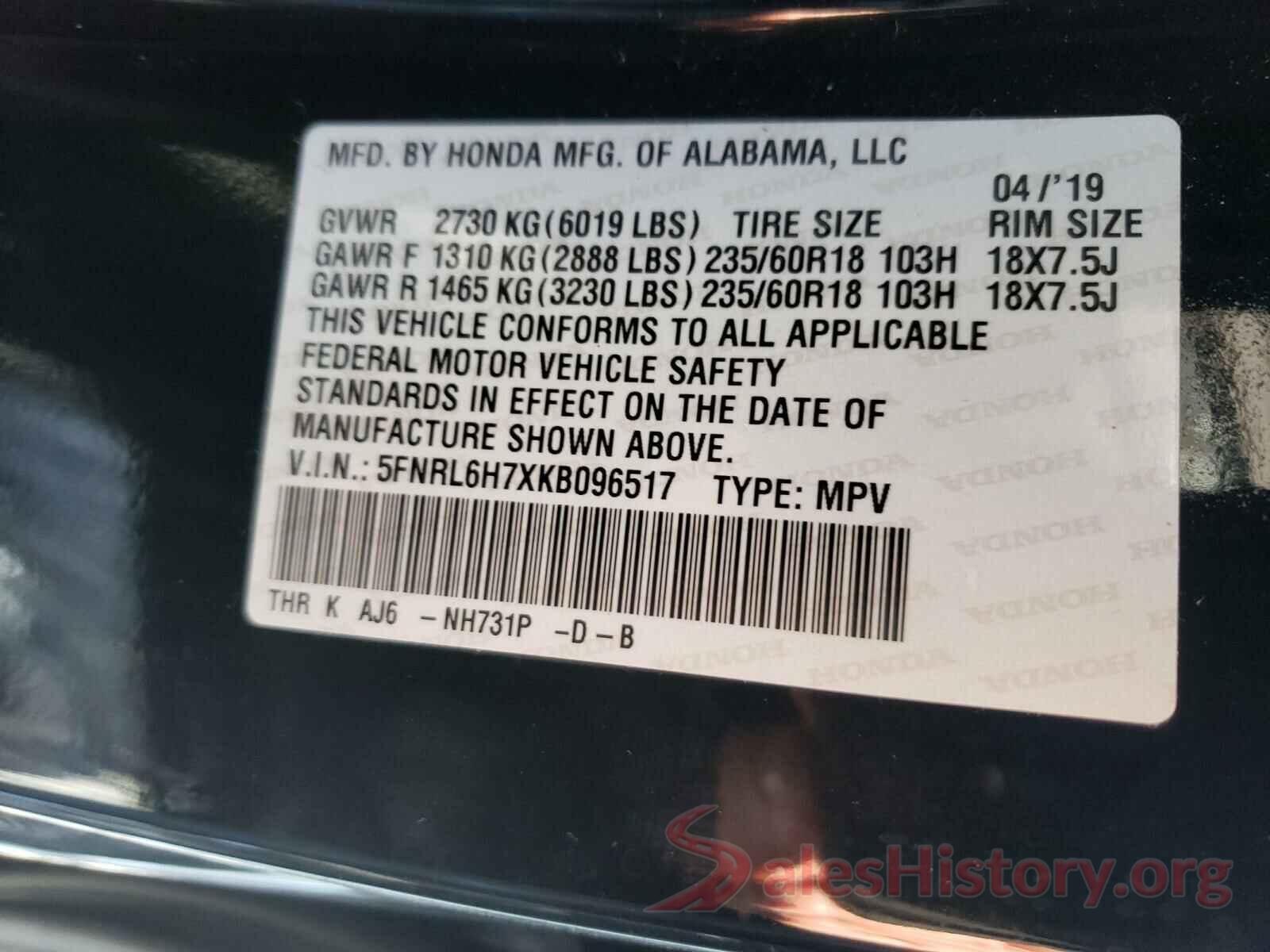 5FNRL6H7XKB096517 2019 HONDA ODYSSEY