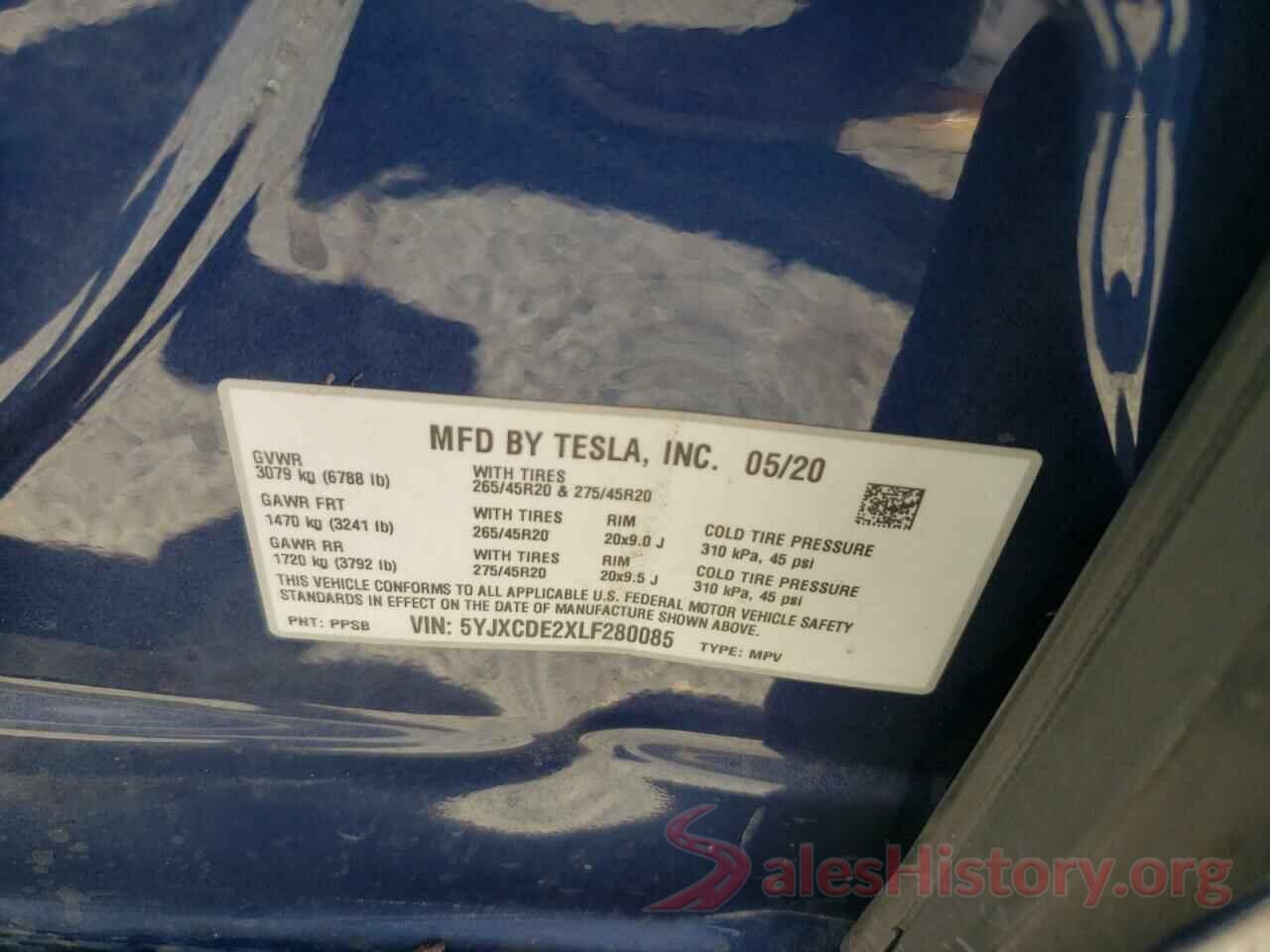 5YJXCDE2XLF280085 2020 TESLA MODEL X