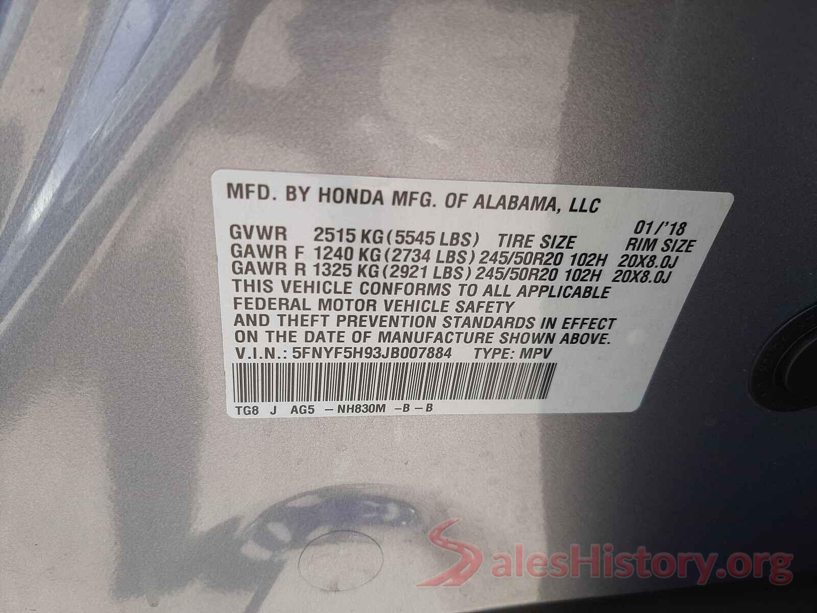 5FNYF5H93JB007884 2018 HONDA PILOT