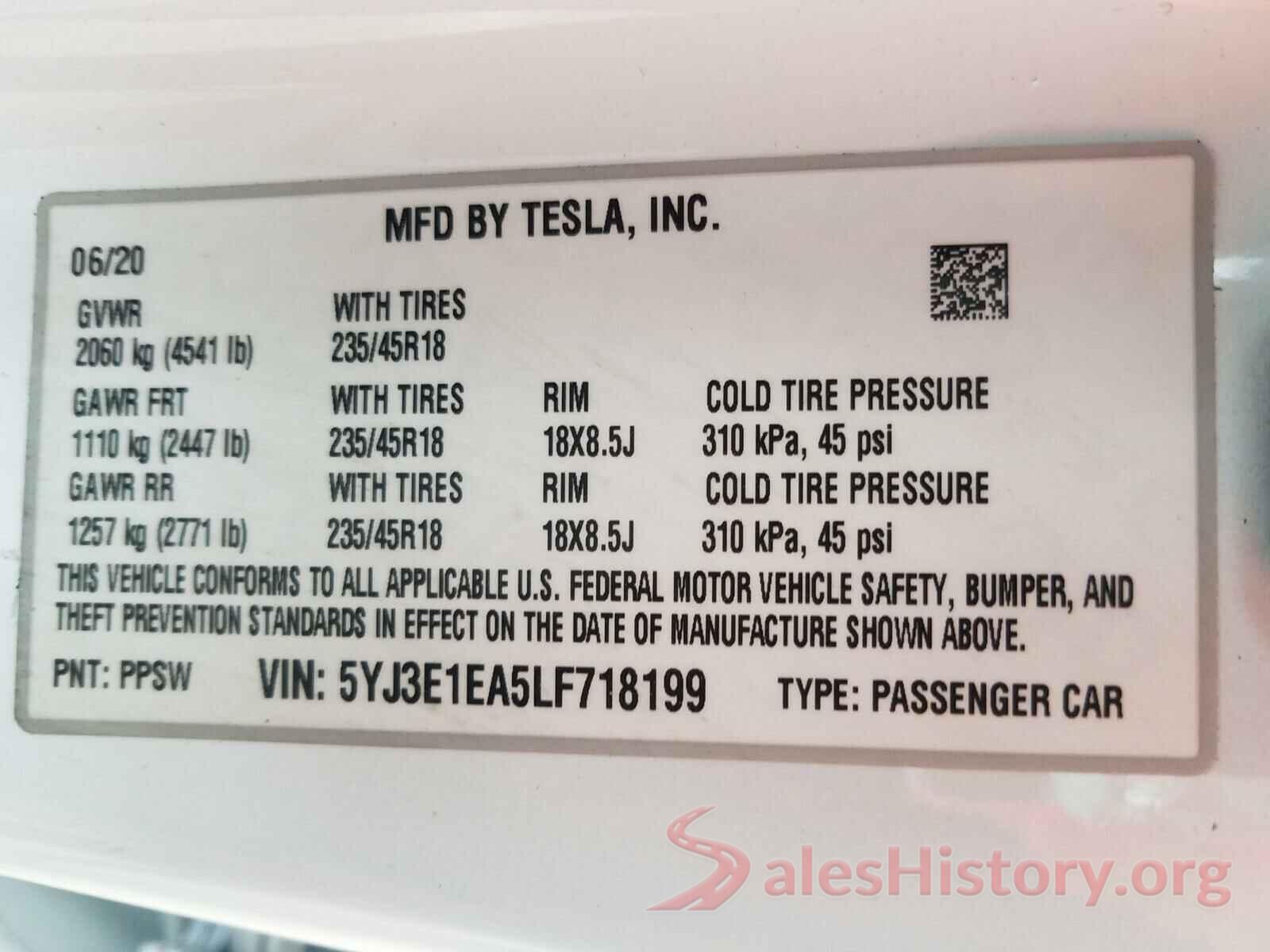 5YJ3E1EA5LF718199 2020 TESLA MODEL 3