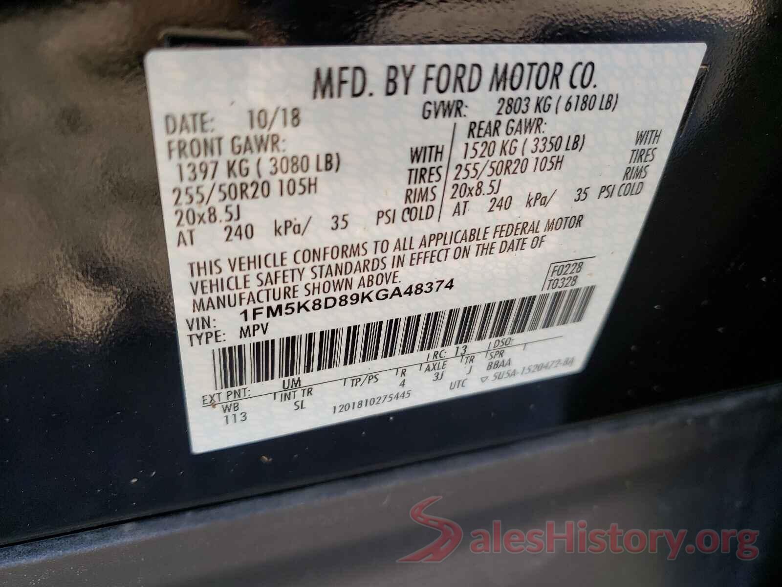 1FM5K8D89KGA48374 2019 FORD EXPLORER