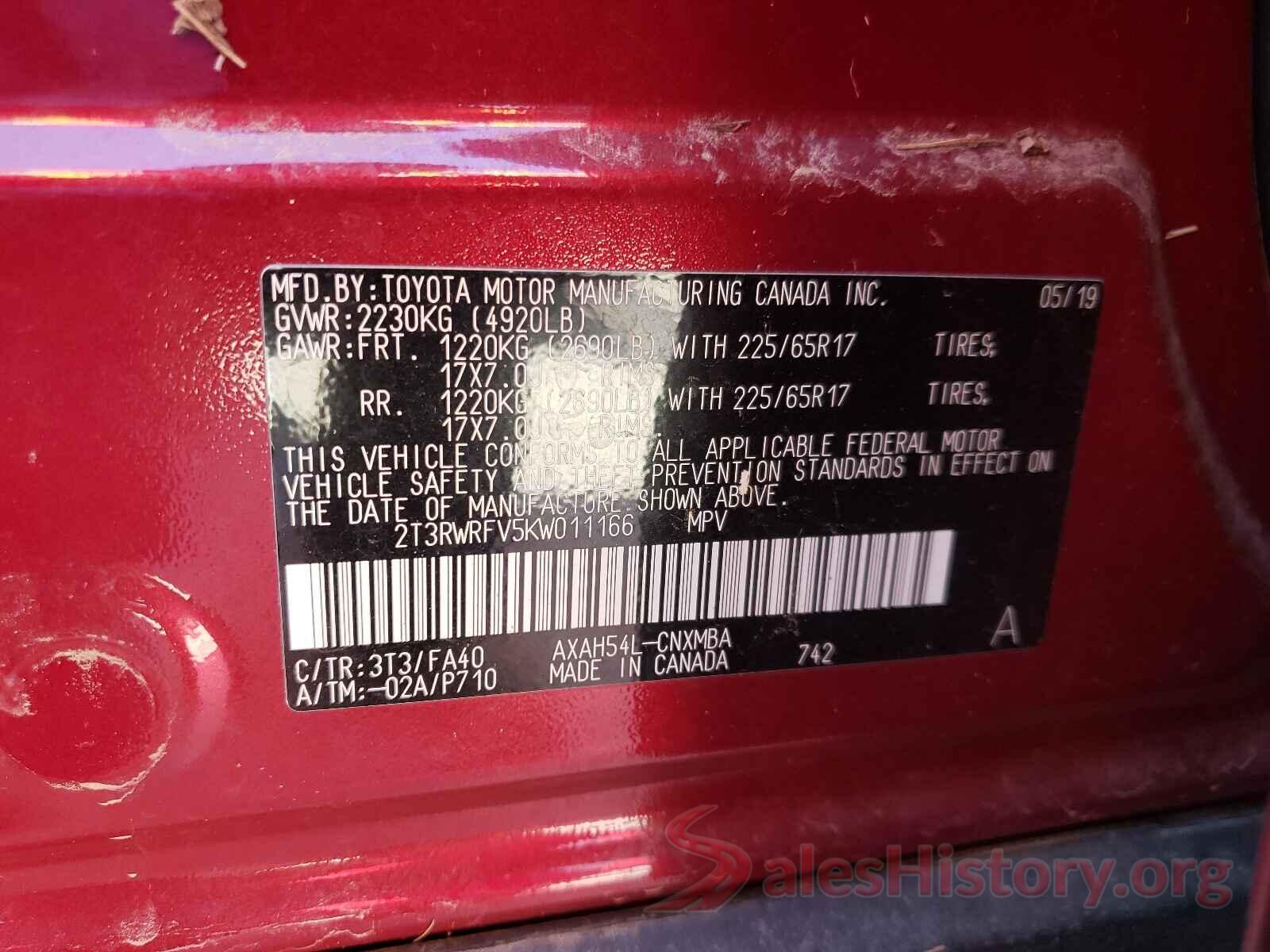 2T3RWRFV5KW011166 2019 TOYOTA RAV4