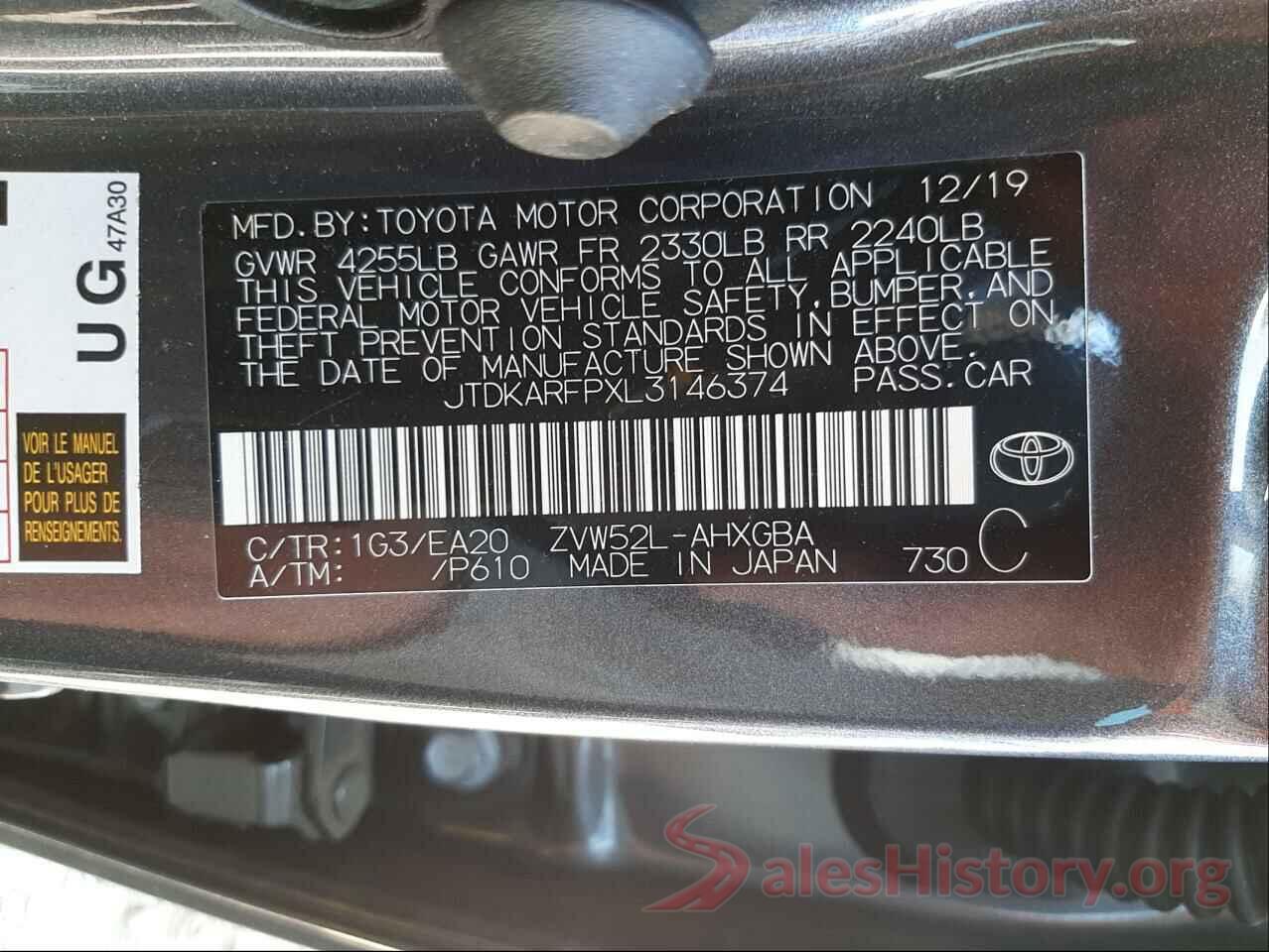 JTDKARFPXL3146374 2020 TOYOTA PRIUS