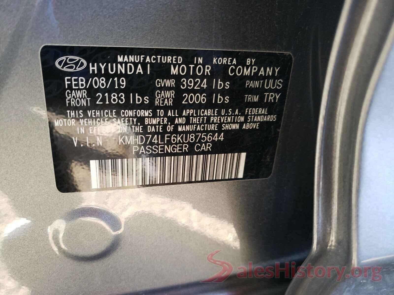 KMHD74LF6KU875644 2019 HYUNDAI ELANTRA