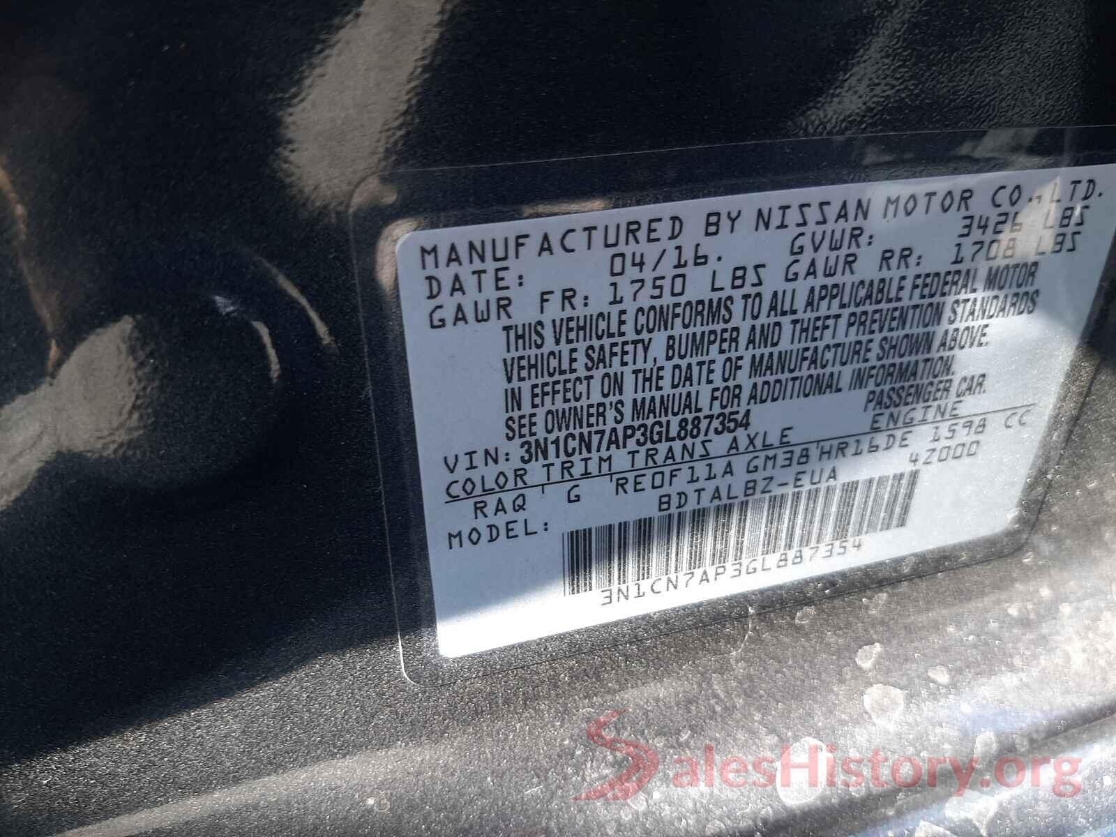 3N1CN7AP3GL887354 2016 NISSAN VERSA