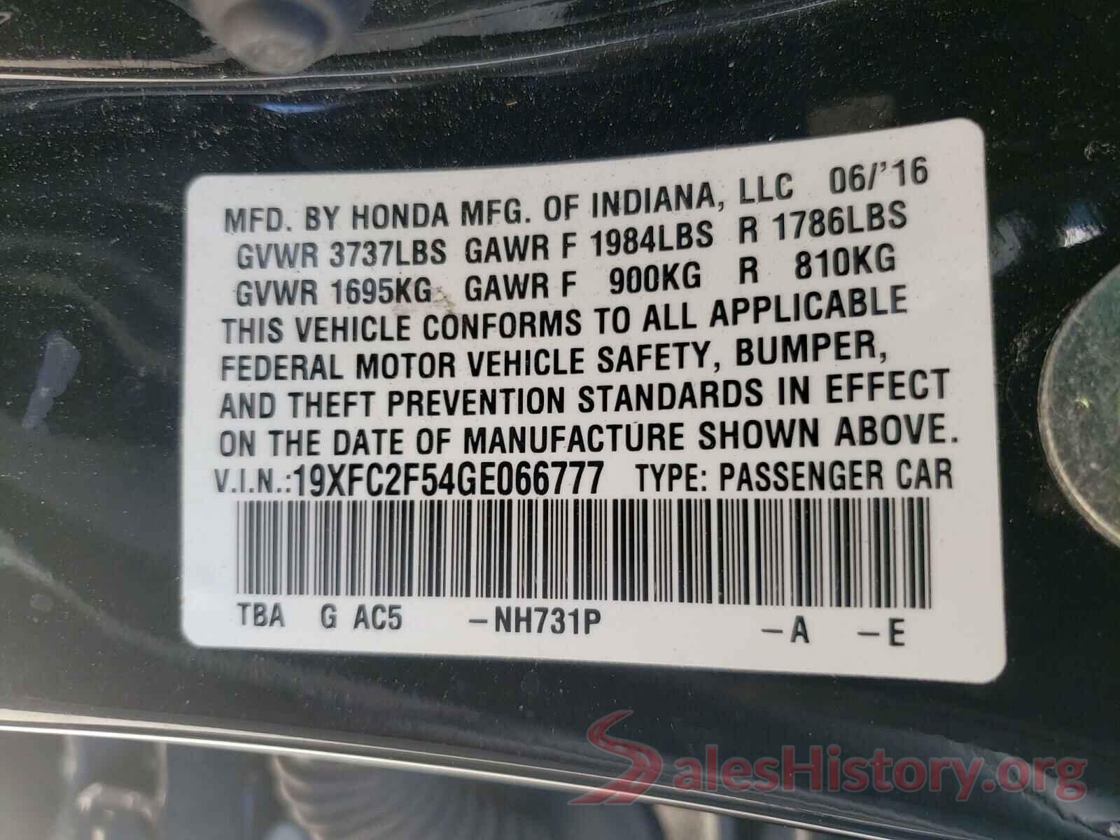 19XFC2F54GE066777 2016 HONDA CIVIC