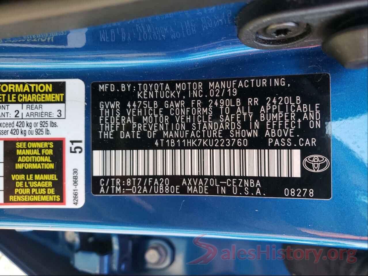 4T1B11HK7KU223760 2019 TOYOTA CAMRY