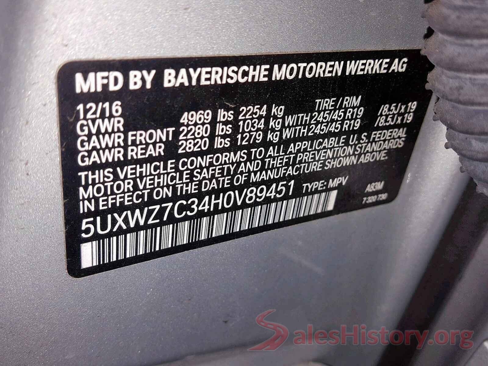 5UXWZ7C34H0V89451 2017 BMW X3