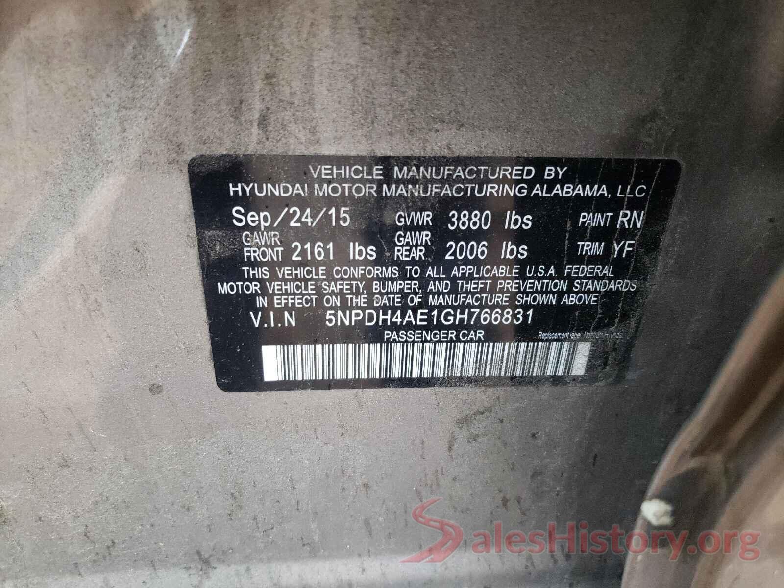 5NPDH4AE1GH766831 2016 HYUNDAI ELANTRA