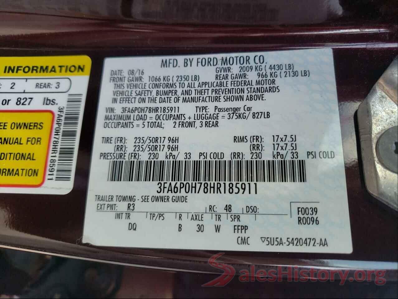 3FA6P0H78HR185911 2017 FORD FUSION