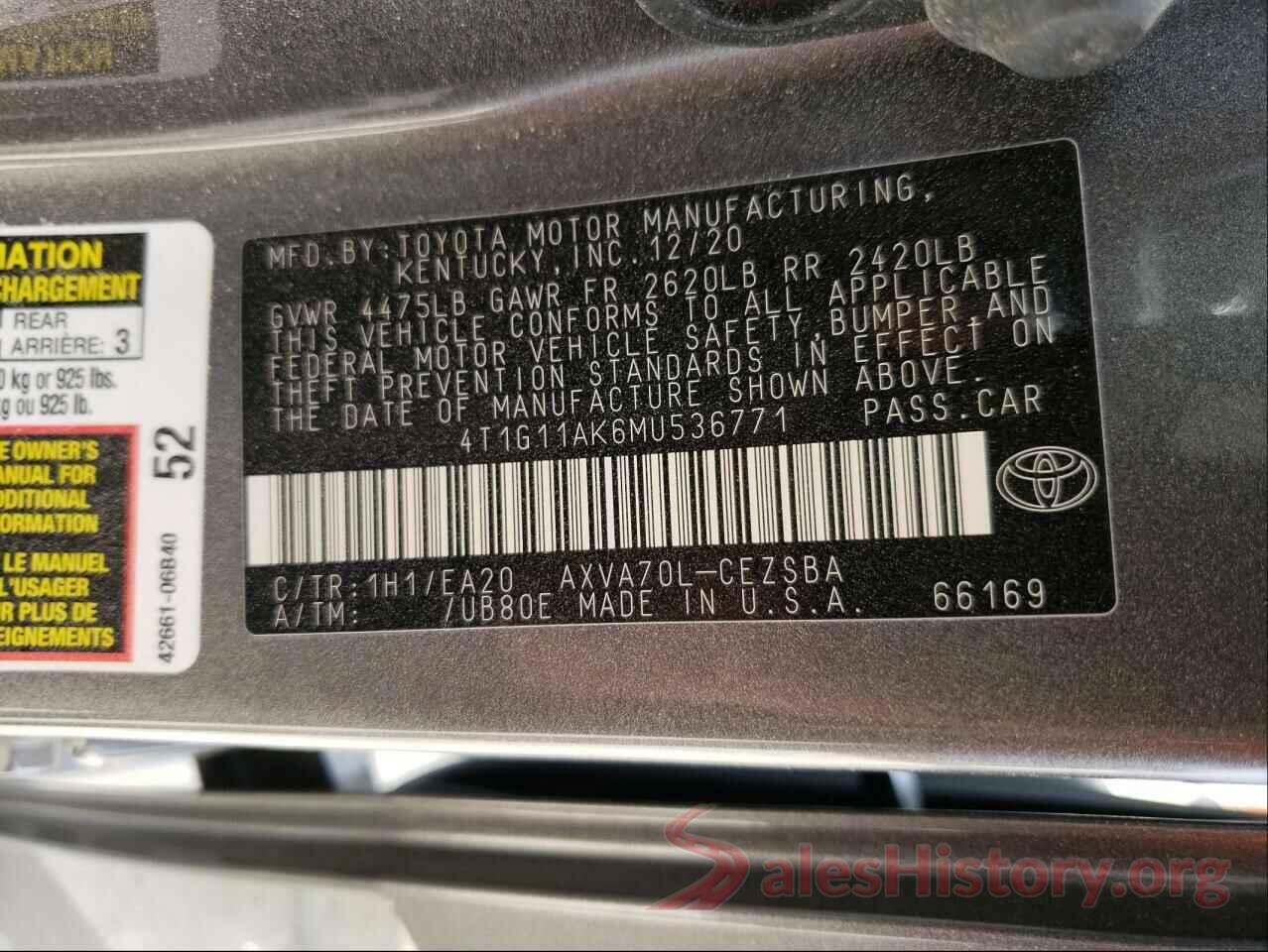 4T1G11AK6MU536771 2021 TOYOTA CAMRY