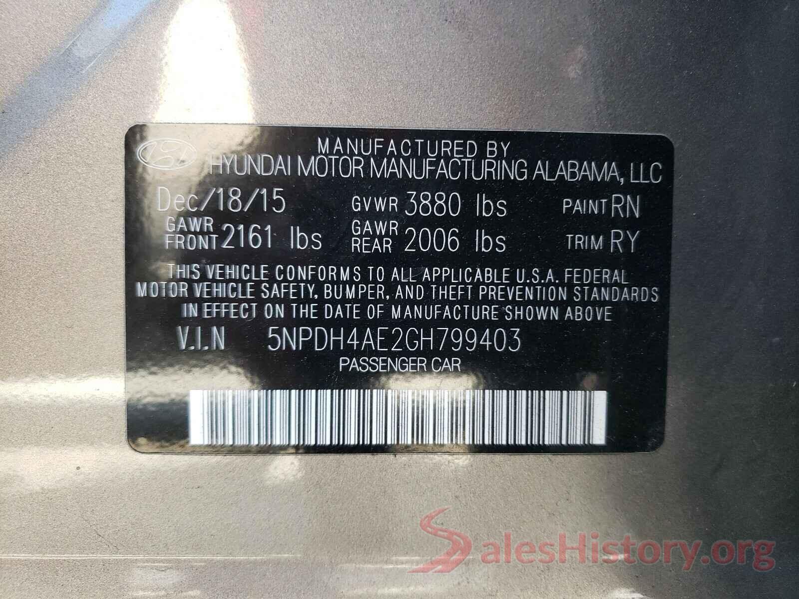 5NPDH4AE2GH799403 2016 HYUNDAI ELANTRA