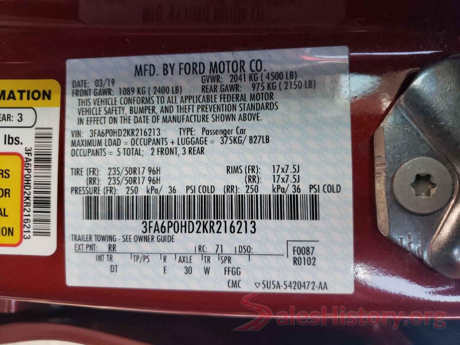 3FA6P0HD2KR216213 2019 FORD FUSION