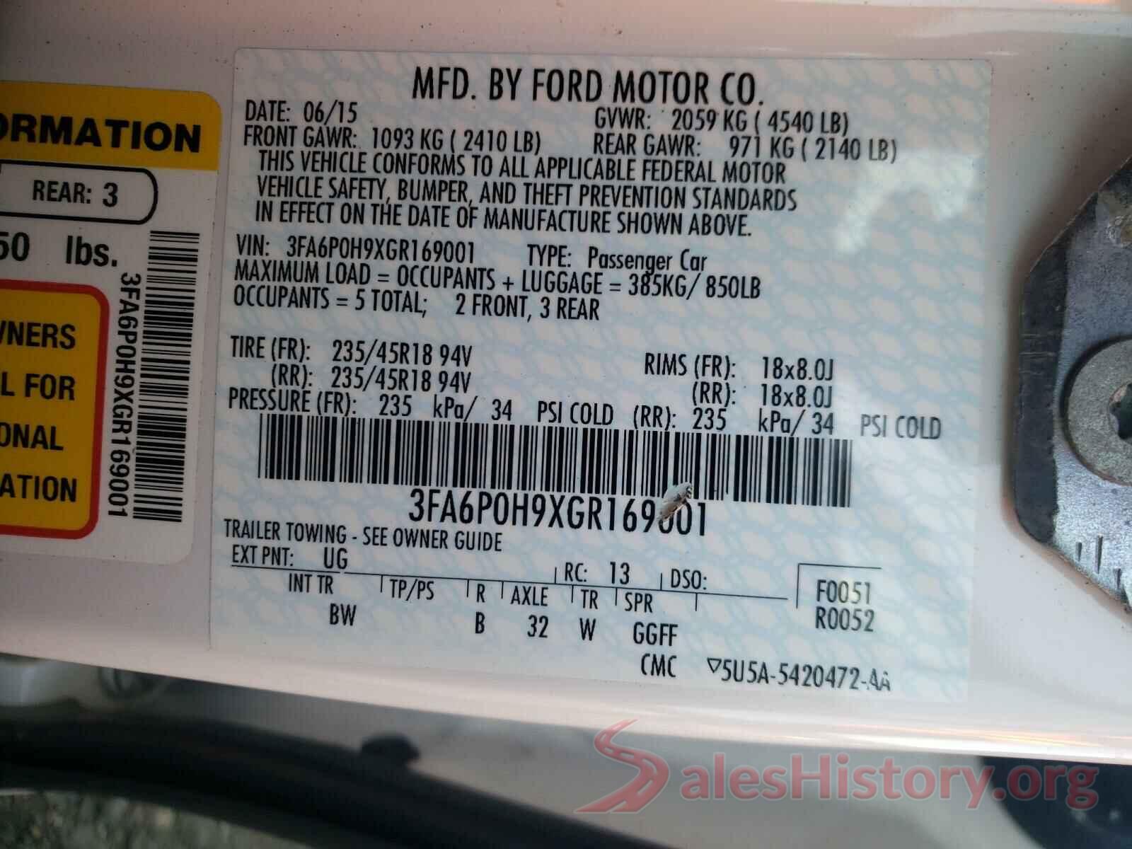 3FA6P0H9XGR169001 2016 FORD FUSION