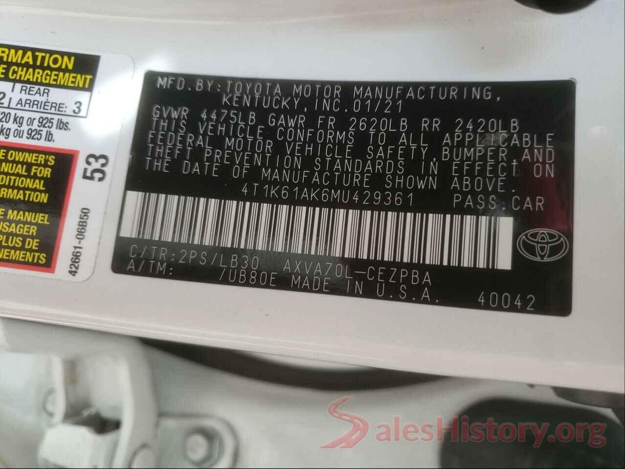 4T1K61AK6MU429361 2021 TOYOTA CAMRY